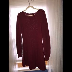 Maroon Long Sleeve Knee Length Sweater Dress